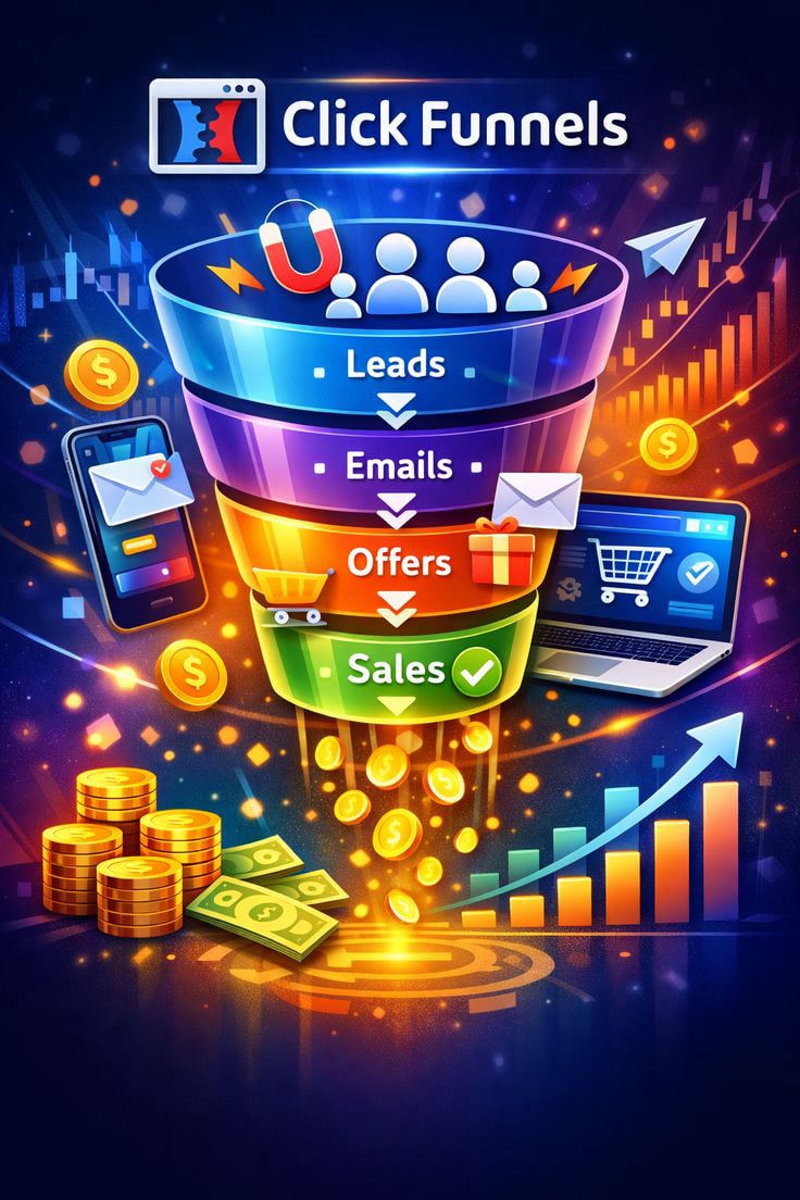 ClickFunnels funnel builder dashboard showing landing page and sales funnel creation interface