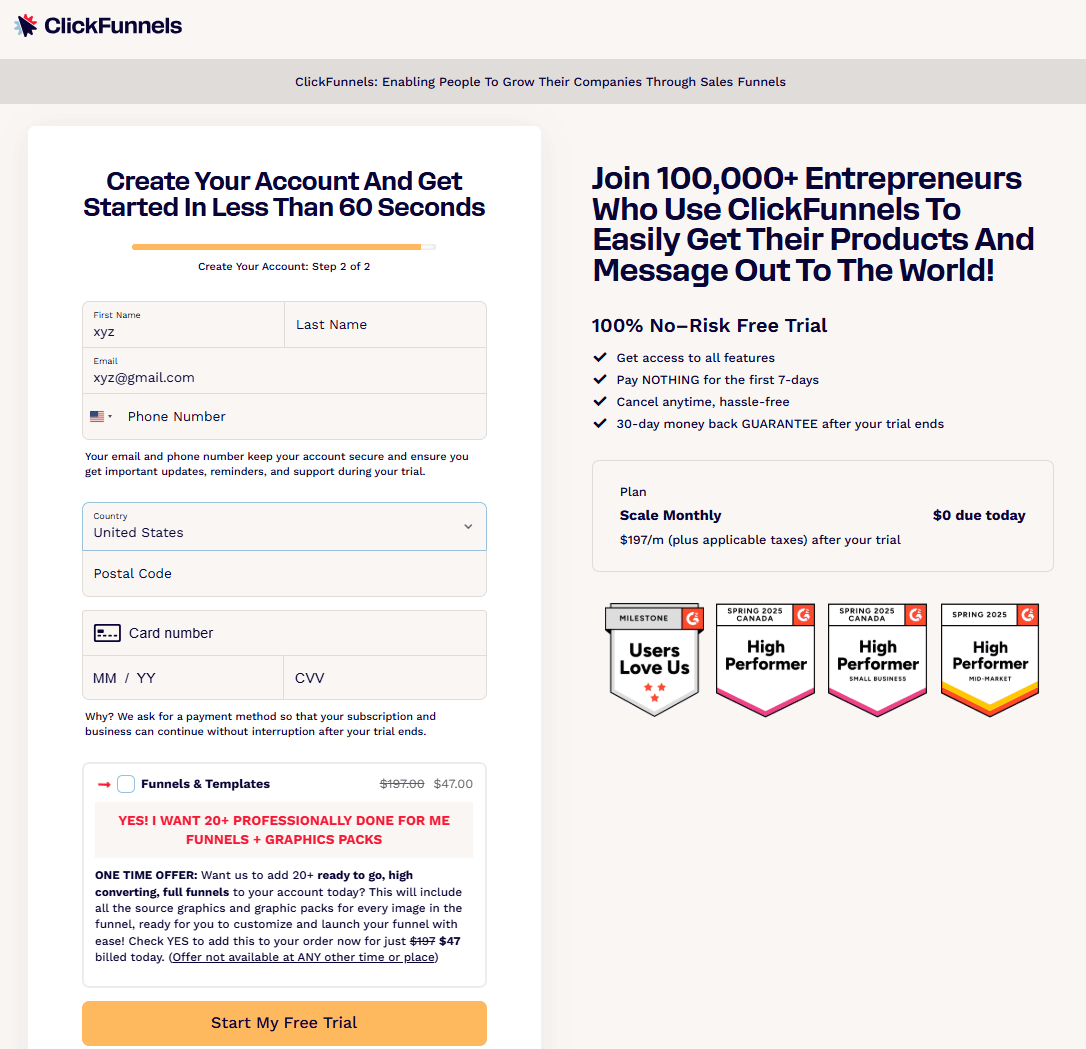 ClickFunnels official website signup page to start building sales funnels