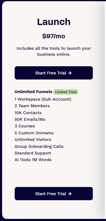 ClickFunnels Launch plan pricing at $97 per month with basic tools for starting an online business