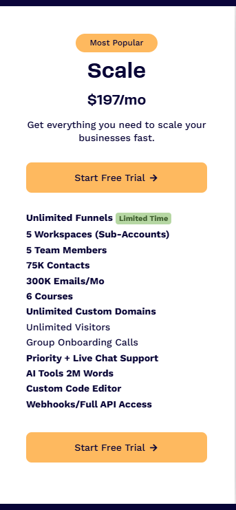 ClickFunnels Scale plan pricing at $197 per month with advanced features for growing and scaling a business