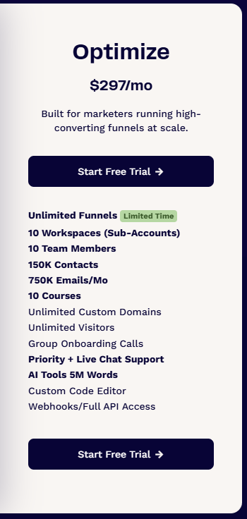 ClickFunnels Optimize plan pricing at $297 per month with full features for high-converting funnels and large businesses